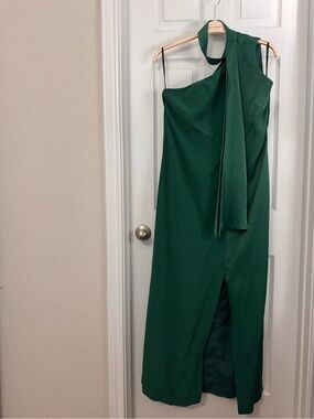 Karen Millen Forest Green One-Shoulder Maxi Dress with Neck Tie